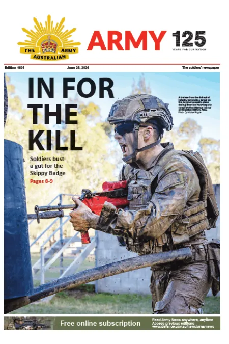 Front page of The Soldiers Newspaper showing a soldier in combat training moving through an obstacle course with a red training rifle, under the headline “IN FOR THE KILL.”