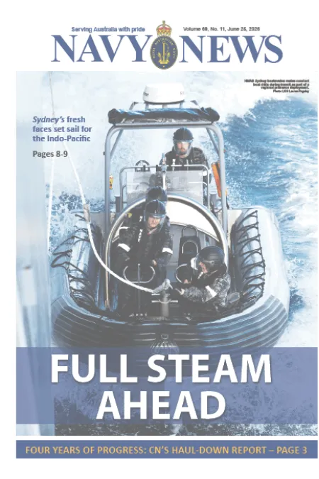 Front cover of Navy News showing naval personnel riding in a rigid-hull inflatable boat at speed on open water, with the headline “FULL STEAM AHEAD.”