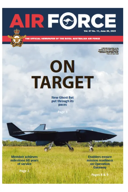 Cover of Air Force newspaper featuring a Ghost Bat uncrewed aircraft on a grassy airfield, with the headline “ON TARGET.” Story highlights testing and development of the new Ghost Bat.