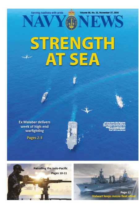 Front cover of Navy News showing a multinational naval task group and aircraft operating over open ocean, with the headline “STRENGTH AT SEA.”