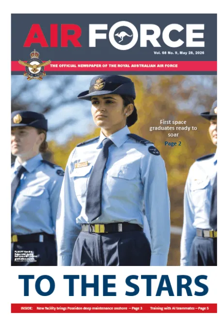 Air Force newspaper cover showing three uniformed air force trainees standing outdoors, with the headline “TO THE STARS.”