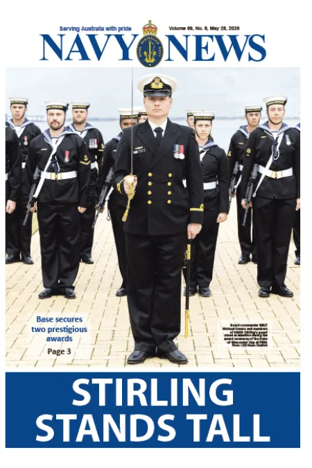 Front cover of Navy News featuring naval personnel in ceremonial uniforms standing in formation, with the headline “STIRLING STANDS TALL.”