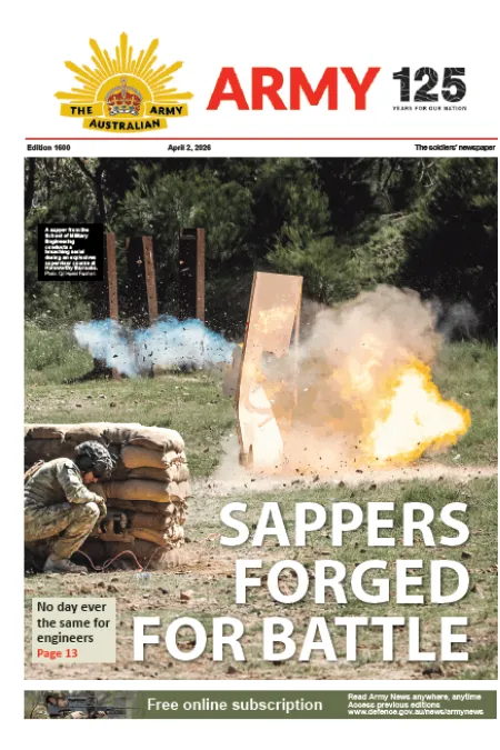Front page of The Soldiers Newspaper showing a combat engineer taking cover behind sandbags as an explosive charge detonates on a training range, with the headline “SAPPERS FORGED FOR BATTLE.”