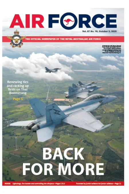 Cover of Air Force newspaper showing three military aircraft flying above a rural landscape, with the headline “BACK FOR MORE.” Story highlights participation in the Thai Boomerang air exercise.