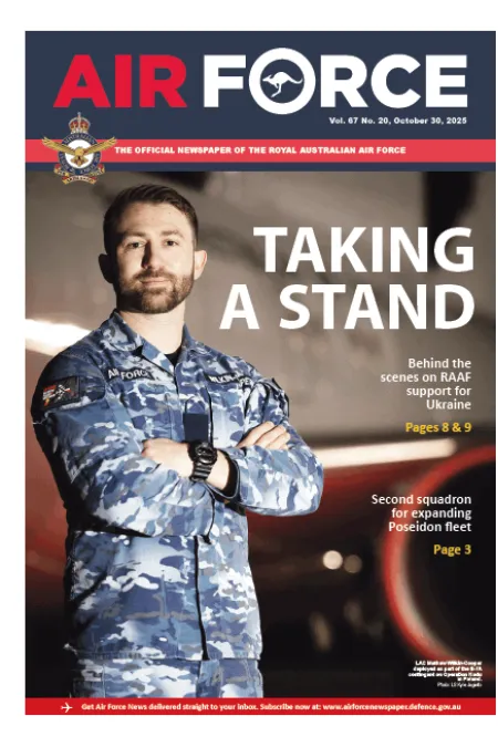 Cover of Air Force newspaper featuring an Air Force member in uniform with arms crossed, alongside the headline “TAKING A STAND.” Story highlights RAAF support for Ukraine.