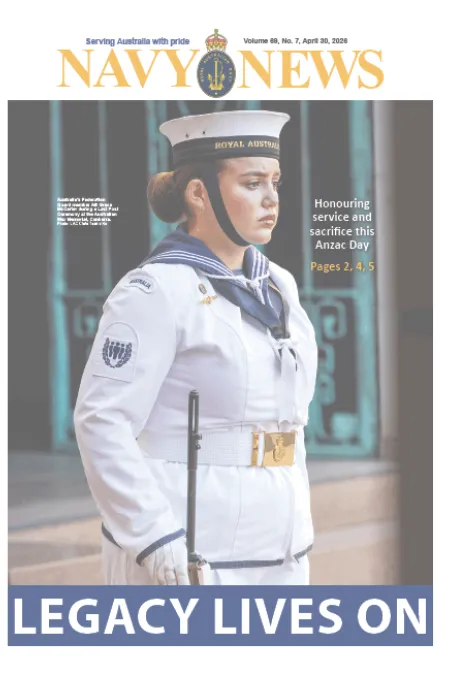 Front cover of Navy News featuring a sailor in ceremonial uniform standing on guard, with the headline “LEGACY LIVES ON.”