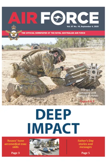 Cover of Air Force newspaper showing a military engineer working with equipment on a dirt airfield, with the headline “DEEP IMPACT.” Story focuses on airfield damage and repair operations.