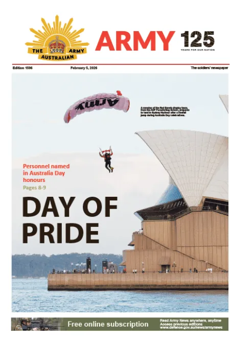 A military parachutist descends near the Sydney Opera House on the front page of Army newspaper.