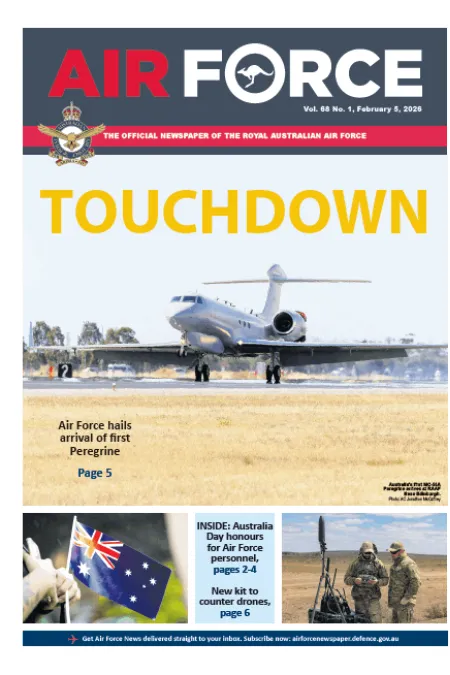 Cover of Air Force newspaper showing a newly arrived aircraft on a runway beneath the headline “TOUCHDOWN.” Story highlights the arrival of the first Peregrine aircraft.