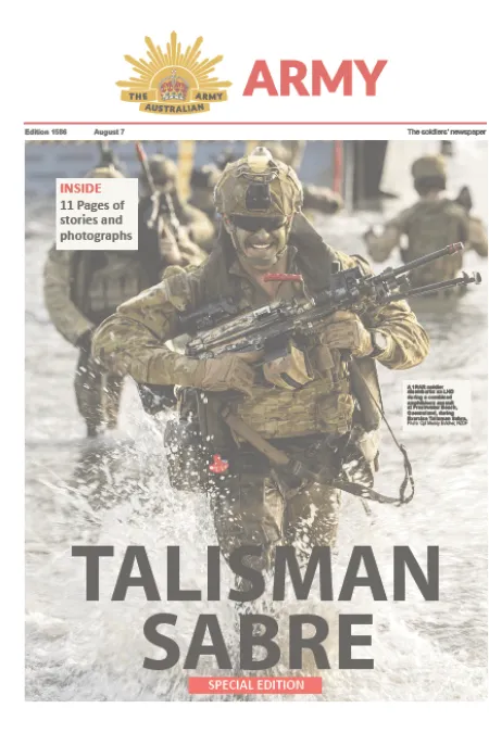 Front cover of Army newspaper showing a soldier wading through water carrying a rifle during Exercise Talisman Sabre, with the headline “TALISMAN SABRE – Special Edition.”