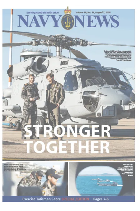 Front cover of Navy News showing two naval personnel standing in front of an MH-60R Seahawk helicopter on an airfield, with the headline “STRONGER TOGETHER.”