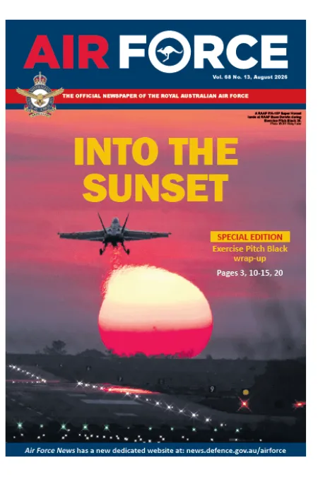 Cover of Air Force newspaper (Vol. 68 No. 13, August 2026) showing a military jet flying above a runway at dusk with a large red and white setting sun dominating the horizon. Runway lights and vehicle lights are visible in the foreground against a pink and purple sky. The main headline reads “INTO THE SUNSET,” with a feature box highlighting a special edition covering Exercise Pitch Black wrap-up.