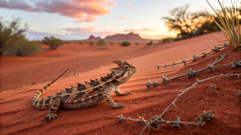 Spiky desert lizard on a red sand dune, with desert plants and distant hills at sunset.