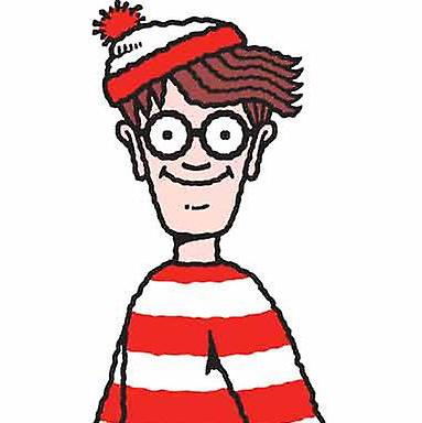 Cartoon character Wally in a red-and-white striped shirt, hat, and round glasses.