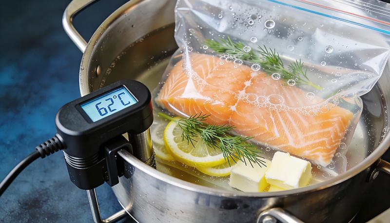 A sous vide cooking setup with salmon fillets sealed in a transparent vacuum bag, submerged in a stainless-steel pot of water. Lemon slices, fresh dill, and butter are visible inside and around the bag, while a digital immersion circulator displays a temperature of 62°C.