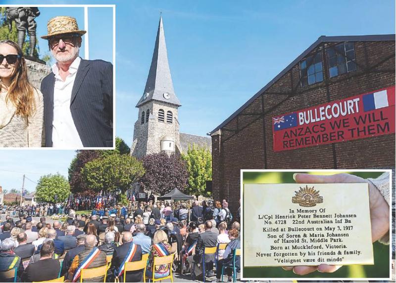 Attendees gather in Bullecourt for an Anzac Day commemorative service honouring Australian soldiers who fought and died during the First World War, including those remembered at the Battle of Bullecourt.