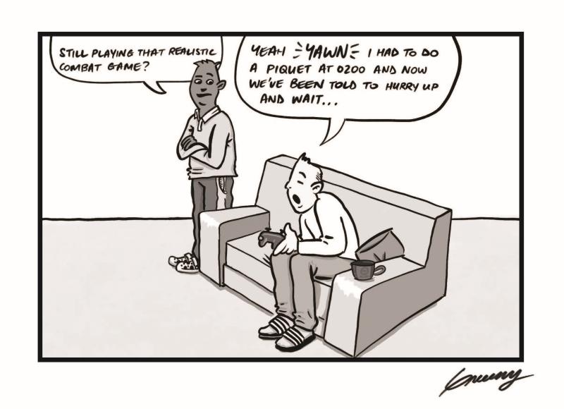 A black and white cartoon of two men, one playing a video game.