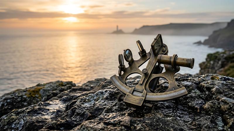A metal instrument sits on rocks near the ocean.
