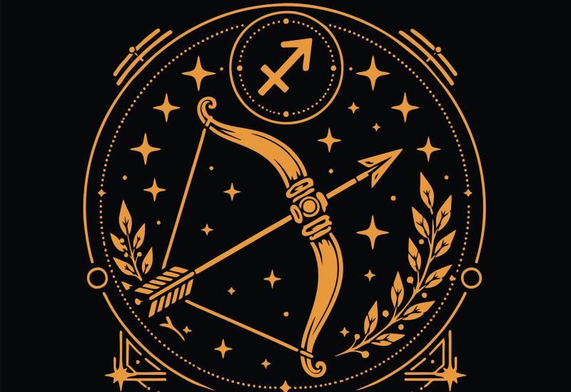A bow and arrow is seen along with some stars inside a circle.