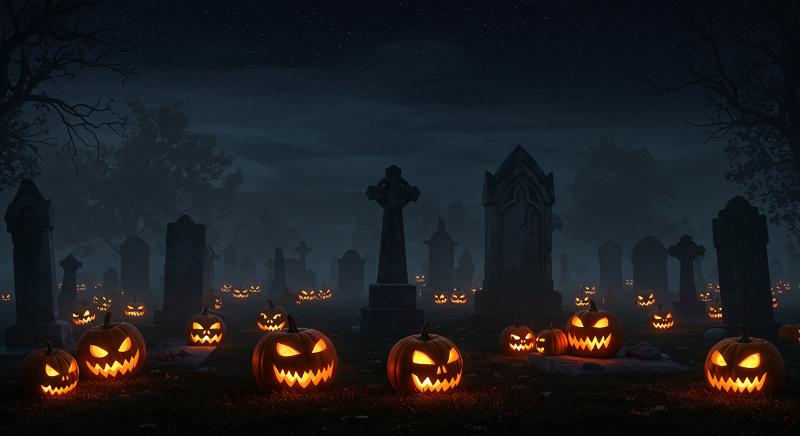 Pumpkins with faces carved into them sit in a dark graveyard. 
