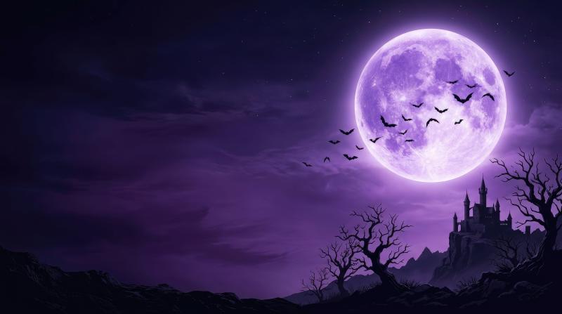 Bat silhouettes are seen across a purple moon along with a castle in the distance and old dead trees.
