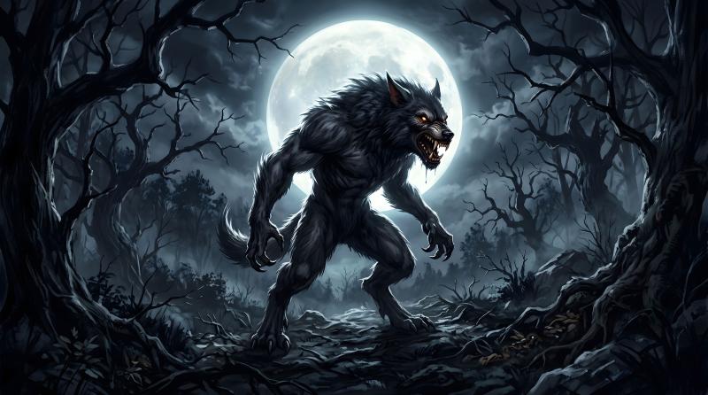 A werewolf is seen standing up in front of a large white moon.