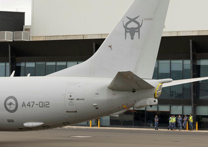 The 12th P-8A Poseidon A47-012 after receiving the official No. 12 Squadron tail insignia at RAAF Base Edinburgh, South Australia.