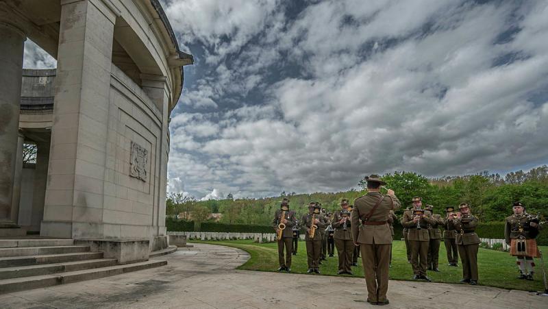 The Australian Army Band performs during a service at the Ploegsteert Memorial to the Missing in Comines-Warneton, Belgium on 16 April 26.
