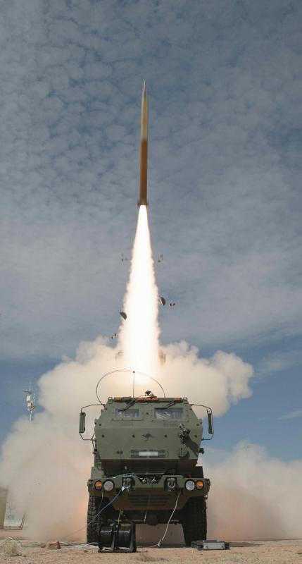 The first Australian-manufactured Guided Multiple Launch Rocket System (GMLRS) missiles are test fired at the Woomera Test Range in South Australia.* Image has been digitally altered for security reasons.