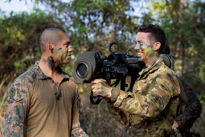 An Australian Army soldier receives a lesson on a Carl Gustaf 84mm Recoilless Rifle from a United States Marine during Exercise BALIKATAN 2026 in the Philippines.