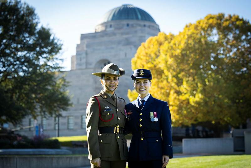 Private Masoma Ali with her sister Royal Australian Air Force  Flying Officer Kbora Ali.  Royal Australian Air Force  Flying Officer Kbora Ali delivered the Commemorative address at the Anzac Day Dawn Service at the Australian War Memorial, Canberra.