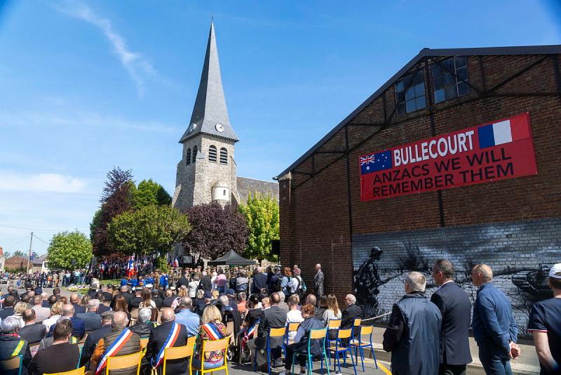 Crowds gather outside for the Anzac Day service at the Digger Memorial in Bullecourt, France.