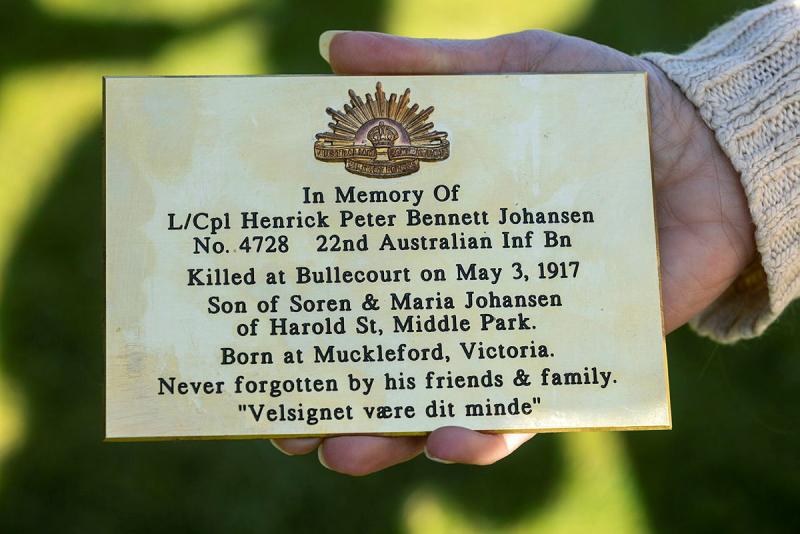 Plaque of Lance Corporal Henrick Peter Bennet Johansen during the ANZAC Day service at the Digger Memorial in Bullecourt, France.