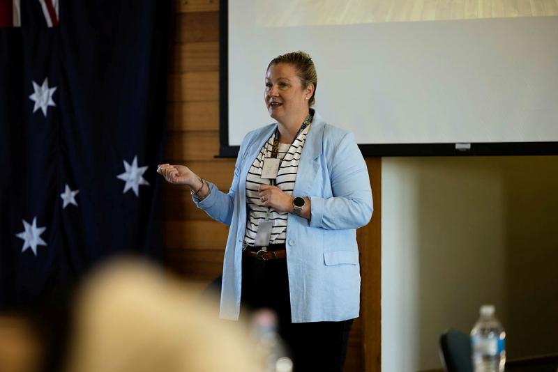 Lieutenant Commander Melita Ritchie RAN, CSM, representing the Women’s Reference Group addresses personnel at the annual Diversity Reference Group Summit held at HMAS Penguin, New South Wales.