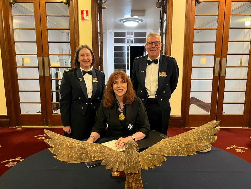 Wing Commander Nikki Clements, Her Excellency Professor The Honourable Margaret Gardner AC,  Governor of Victoria , and Warrant Officer Bradley Parmenter celebrating No.21 (City of Melbourne) Squadron turning ninety