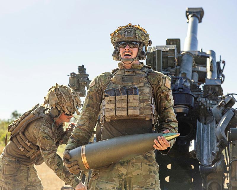 Australian Army soldiers from the 1st Regiment, Royal Australian Artillery operate an M777A2 155mm howitzer during a live-fire mission during Exercise Diamond Dagger 2026 at Shoalwater Bay Training Area, Queensland.