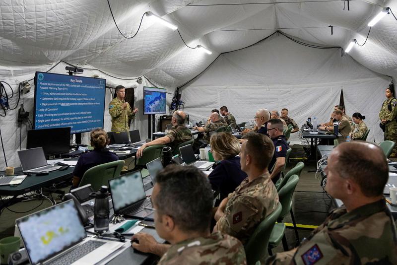 Pacific Response Group Commander, Australian Army Lieutenant Colonel Scott Hill gives a briefing about the Pacific Response Group at camp quartier BROCHE as part of Exercise MARARA 26 in Tahiti, French Polynesia.