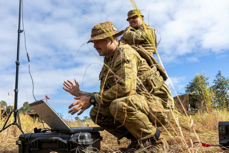 Australian Army soldier Corporal Harrison Hinson from the 2nd Cavalry Regiment, creates a flight path for the Quantum Vector Drone during Exercise Southern Jackaroo at Townsville Field Training Area, Queensland.