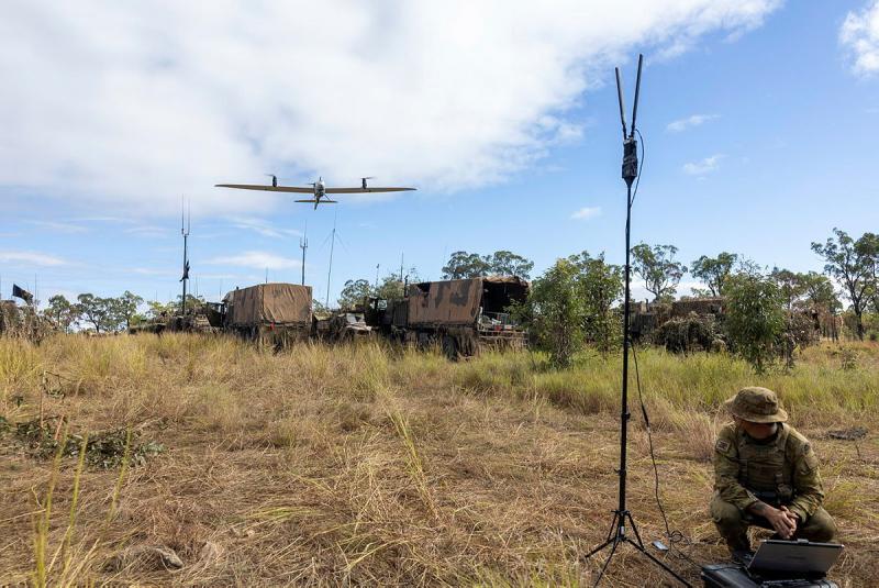 Australian Army soldier Corporal Harrison Hinson from the 2nd Cavalry Regiment operates the Quantum Vector Drone during Exercise Southern Jackaroo at Townsville Field Training Area, Queensland.