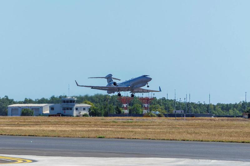 An aircraft takes off from the tarmac.