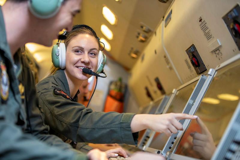 Members of No 2 Squadron from RAAF Base Williamtown coordinate air operations aboard an E-7A Wedgetail in support of Exercise Diamond Storm at RAAF Base Darwin, Northern Territory.