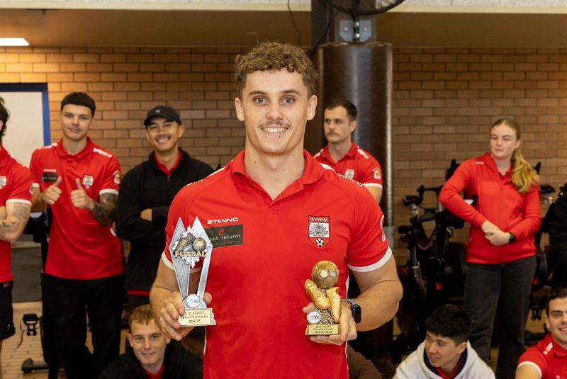 Australian Army Soldier Sapper Mitchell Young with the 2026 Most Valuable Player and top scorer awards during the ADF Futsal Federation Championships at Randwick Barracks.