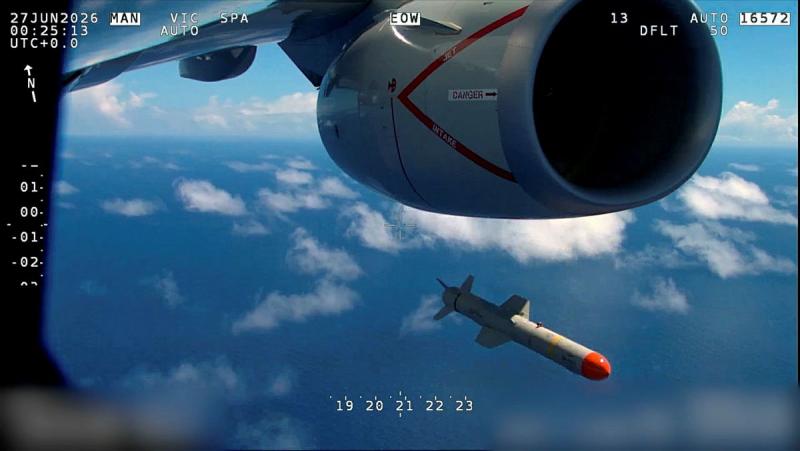A harpoon is fired from an aircraft in flight.