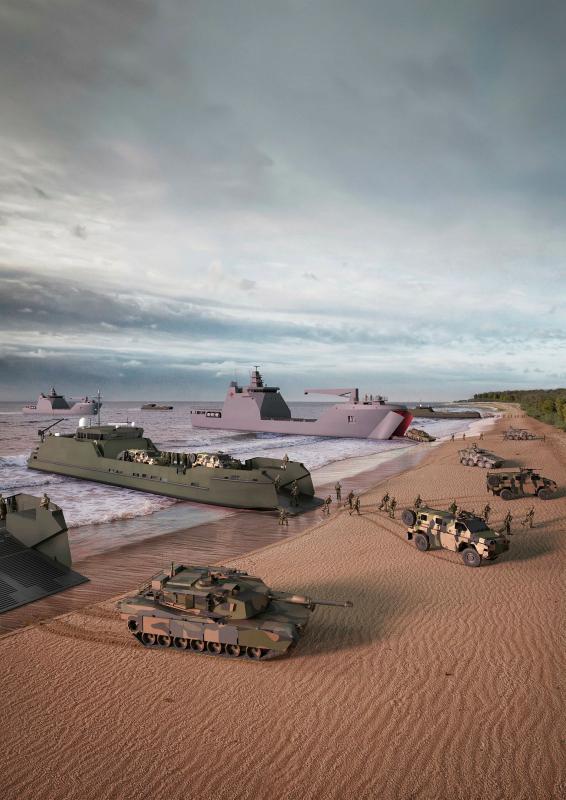 Austal Defence Shipbuilding Australia concept image depicting Landing Craft Medium and Heavy vessels conducting a beach landing.