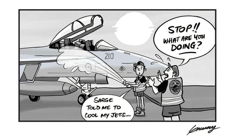 A cartoon of a man telling another man to stop using a hose to "cool" his aircraft.