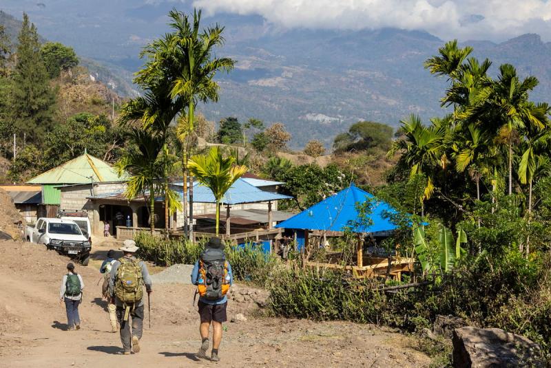 People wearing backpacks walk on a dirt road to a group of small structures surrounded by palm trees and overlooking a green valley.