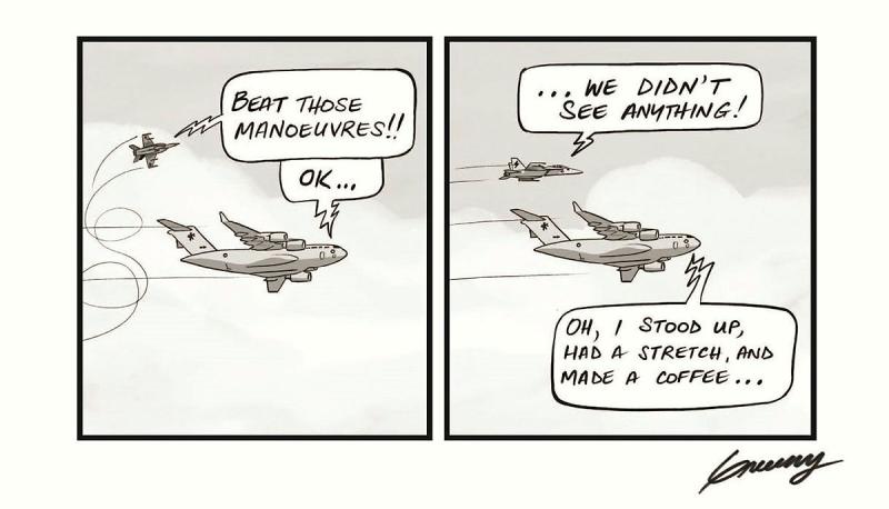 A two-slide cartoon of two aircraft in flight.