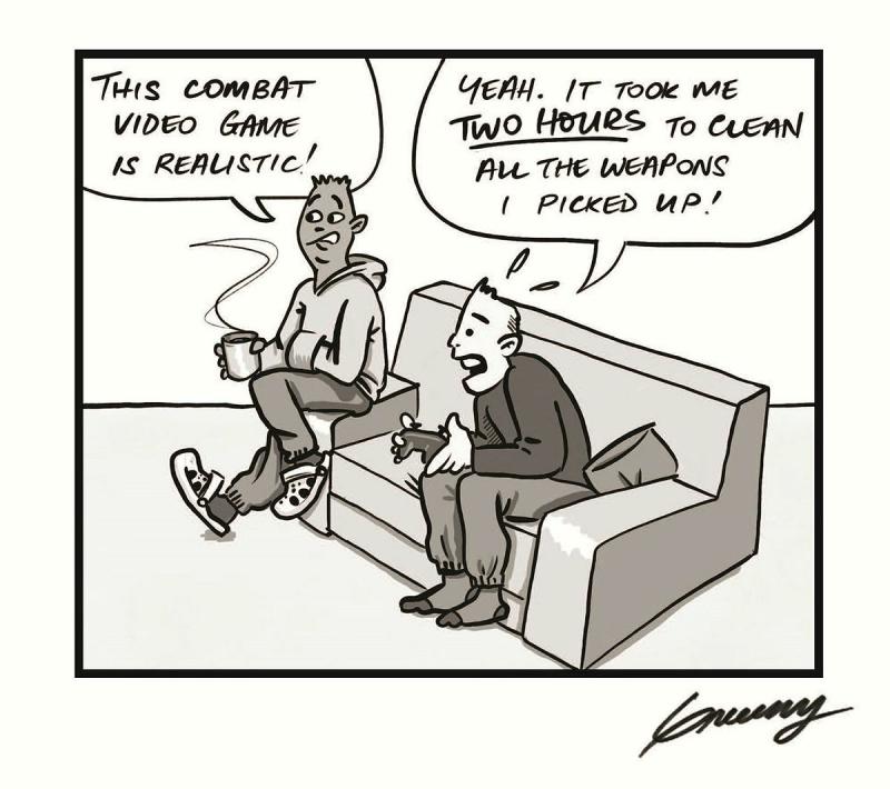 A cartoon of two men on a couch playing video games.