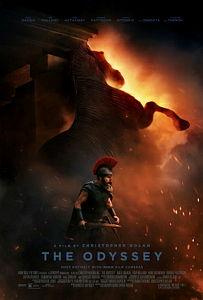 A Greek warrior in armour stands before a horse statue on fire.