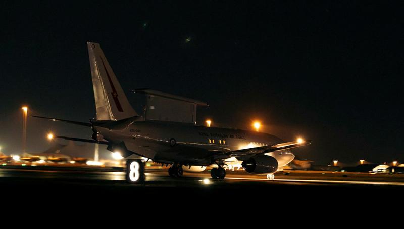 The Royal Australian Air Force’s E-7A Wedgetail takes off at night.